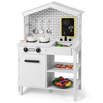 Costway Kids Farmhouse Kitchen Play Set Wooden Pretend Toy with Storage & Accessories