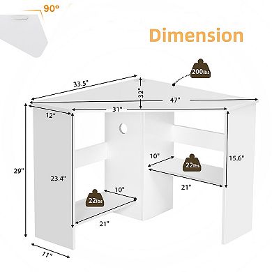 Costway Space-Saving Corner Computer Desk with 2 Cable Management Holes CPU Stand White