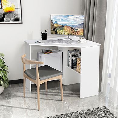 Costway Space-Saving Corner Computer Desk with 2 Cable Management Holes CPU Stand White