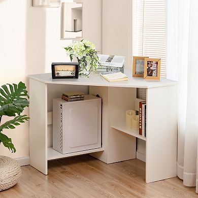Costway Space-Saving Corner Computer Desk with 2 Cable Management Holes CPU Stand White