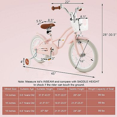 Costway 16'' Kids Bike Toddler Adjustable Bicycle with Training Wheel for 4-7 Years Old