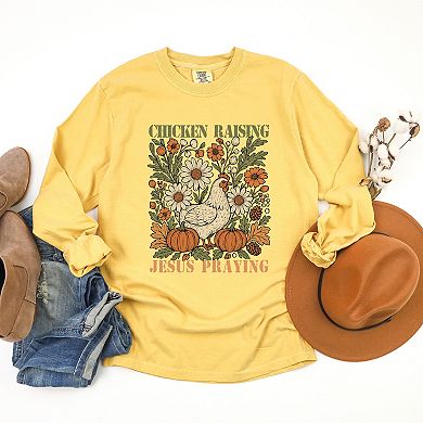 Chicken Raising Jesus Praying - Women's Garment Dyed Long Sleeve Graphic T-Shirt