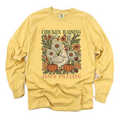 Chicken Raising Jesus Praying - Women's Garment Dyed Long Sleeve Graphic T-Shirt