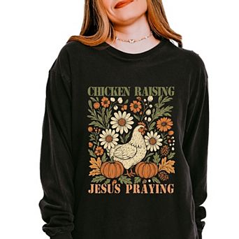 Chicken Raising Jesus Praying - Women's Garment Dyed Long Sleeve Graphic T-Shirt
