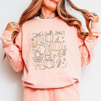 Coquette Pumpkin And Leaves Outline - Women's Lightweight Garment Dyed Sweatshirt