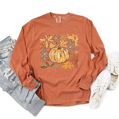 Fall Flowers And Pumpkin - Women's Garment Dyed Long Sleeve Graphic T-Shirt