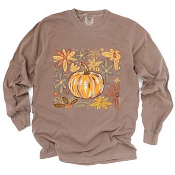 Fall Flowers And Pumpkin - Women's Garment Dyed Long Sleeve Graphic T-Shirt