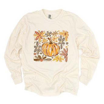Fall Flowers And Pumpkin - Women's Garment Dyed Long Sleeve Graphic T-Shirt