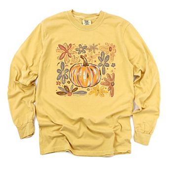 Fall Flowers And Pumpkin - Women's Garment Dyed Long Sleeve Graphic T-Shirt