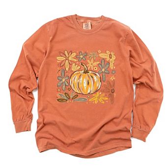 Fall Flowers And Pumpkin - Women's Garment Dyed Long Sleeve Graphic T-Shirt