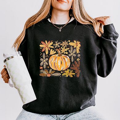 Fall Flowers And Pumpkin - Women's Lightweight Garment Dyed Sweatshirt