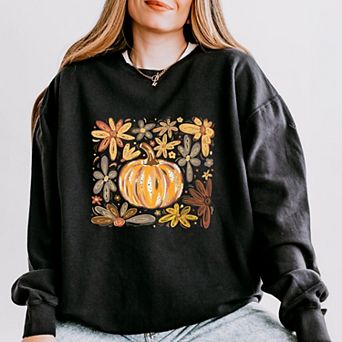 Fall Flowers And Pumpkin - Women's Lightweight Garment Dyed Sweatshirt
