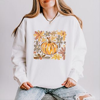 Fall Flowers And Pumpkin - Women's Lightweight Garment Dyed Sweatshirt