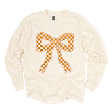 Coquette Orange Checker Bow - Women's Garment Dyed Long Sleeve Graphic T-Shirt