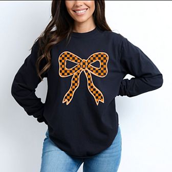 Coquette Orange Checker Bow - Women's Garment Dyed Long Sleeve Graphic T-Shirt