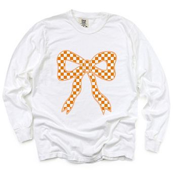 Coquette Orange Checker Bow - Women's Garment Dyed Long Sleeve Graphic T-Shirt