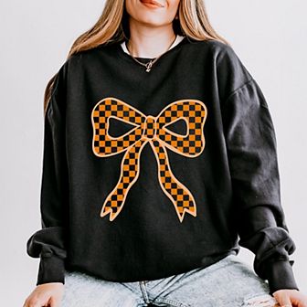 Coquette Orange Checker Bow - Women's Lightweight Garment Dyed Sweatshirt