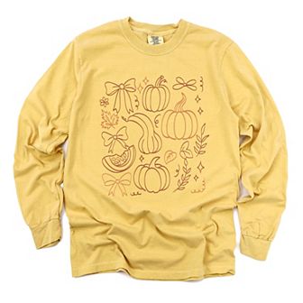 Coquette Pumpkin And Leaves Outline - Women's Garment Dyed Long Sleeve Graphic T-Shirt