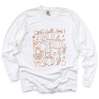 Coquette Pumpkin And Leaves Outline - Women's Garment Dyed Long Sleeve Graphic T-Shirt
