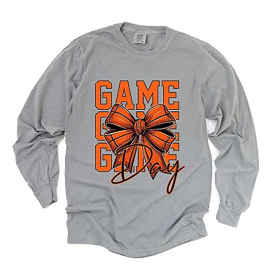 Coquette Basketball Bow Game Day Stacked - Women's Garment Dyed Long Sleeve Graphic T-Shirt