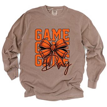 Coquette Basketball Bow Game Day Stacked - Women's Garment Dyed Long Sleeve Graphic T-Shirt