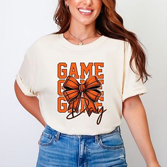 Coquette Basketball Bow Game Day Stacked - Women's Garment Dyed Graphic T-Shirt