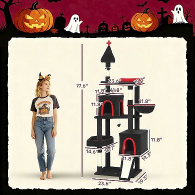 PawHut Gothic Cat Tree, 78inch Cat Tower with Coffin Bed, Halloween