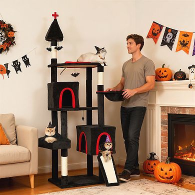 PawHut Gothic Cat Tree, 78inch Cat Tower with Coffin Bed, Halloween