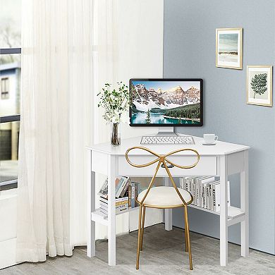 Costway Triangle Computer Desk Corner Office Desk Laptop Table w/ Drawer Shelves