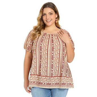 Plus Size Tops for Women Casual Boho Floral Print Round Neck Puff Sleeve Summer Vacation Blouse Top