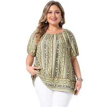 Plus Size Tops for Women Casual Boho Floral Print Round Neck Puff Sleeve Summer Vacation Blouse Top