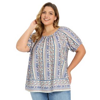 Plus Size Tops for Women Casual Boho Floral Print Round Neck Puff Sleeve Summer Vacation Blouse Top