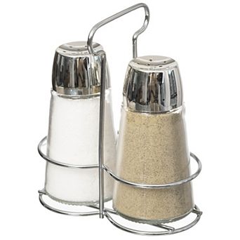 Basicwise Multifunctional Glass Salt and Pepper Shaker Set with Stainless Steel Holder