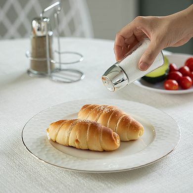 Basicwise Multifunctional Glass Salt and Pepper Shaker Set with Stainless Steel Holder