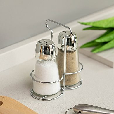 Basicwise Multifunctional Glass Salt and Pepper Shaker Set with Stainless Steel Holder