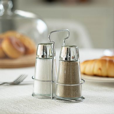 Basicwise Multifunctional Glass Salt and Pepper Shaker Set with Stainless Steel Holder