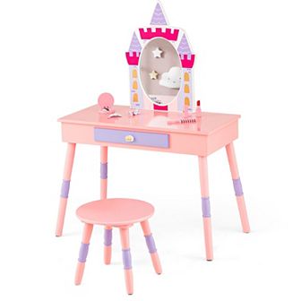 Costway Kids Vanity Set Princess Makeup Pretend Play Dressing Mirror Castle Girls Pink
