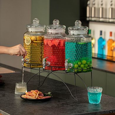 Basicwise 3-Piece Glass Drink Dispenser Set with Metal Stand and Stainless Steel Spigot