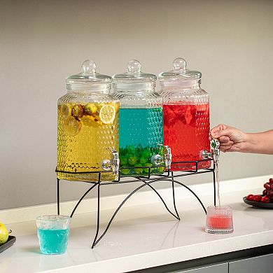 Basicwise 3-Piece Glass Drink Dispenser Set with Metal Stand and Stainless Steel Spigot