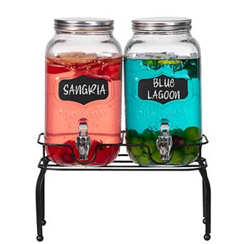 Basicwise 2 pc Glass Drink Dispenser with Metal Stand, Stainless Steel and Chalkboard Signs