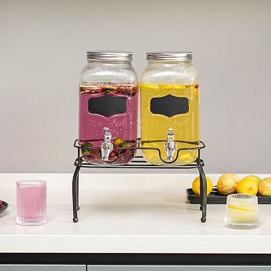 Basicwise 2-Pcs Glass Drink Dispenser with Metal Stand, Stainless Steel and Chalkboard Signs