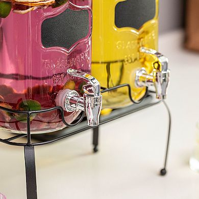 Basicwise 2-Pcs Glass Drink Dispenser with Metal Stand, Stainless Steel and Chalkboard Signs