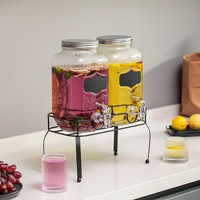 Basicwise 2-Pcs Glass Drink Dispenser with Metal Stand, Stainless Steel and Chalkboard Signs