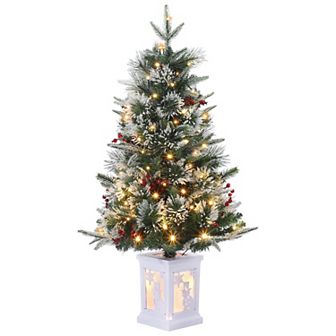 3 Ft Prelit Premium Snow Flocked Artificial Christmas Tree with 8 Mode Warm White Led