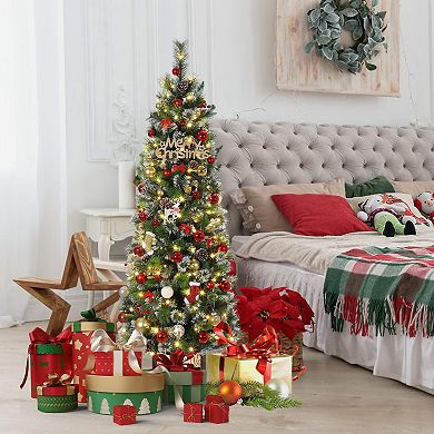 7FT Potted Christmas Tree with 140 Warm Led Lights, Artificial Christmas Tree Outdoor Decor