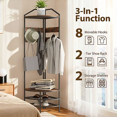 HOMCOM Corner Hall Tree, Coat Rack with Shoe Storage, Hooks, Shelves