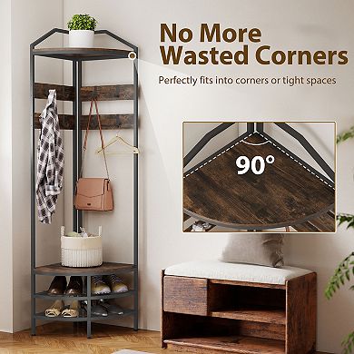 HOMCOM Corner Hall Tree, Coat Rack with Shoe Storage, Hooks, Shelves
