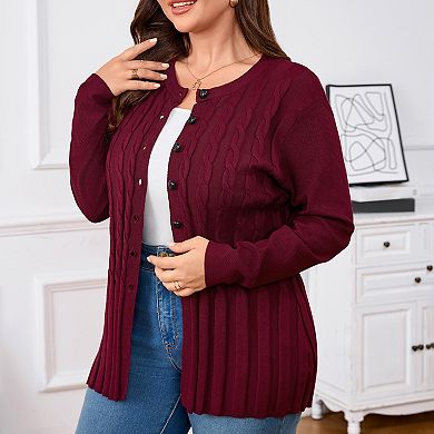 Women's Plus Size Round Neck Cardigan Sweater Button Down Casual Long Sleeve Open Knit Cardigan
