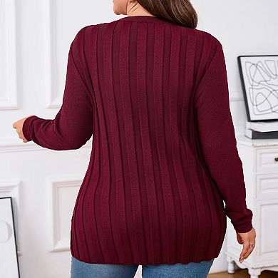 Women's Plus Size Round Neck Cardigan Sweater Button Down Casual Long Sleeve Open Knit Cardigan