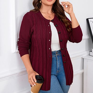 Women's Plus Size Round Neck Cardigan Sweater Button Down Casual Long Sleeve Open Knit Cardigan